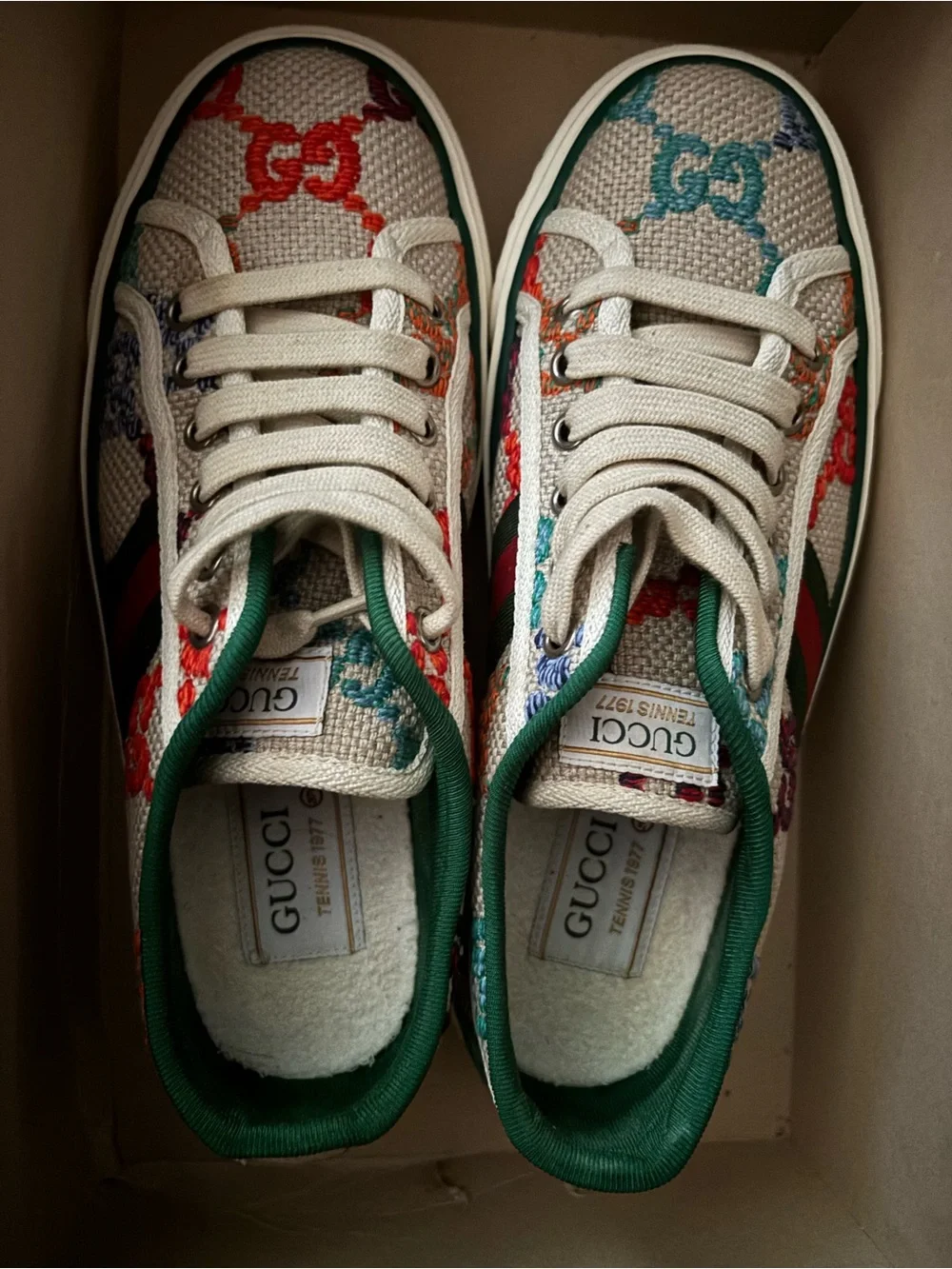 Gucci Beige Canvas Low-Top Sneakers with Multicolor GG Embroidery